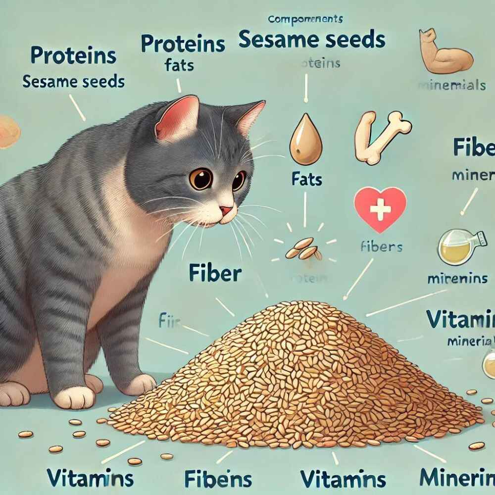 An illustration showing the components of sesame seeds and their interaction with cats. 