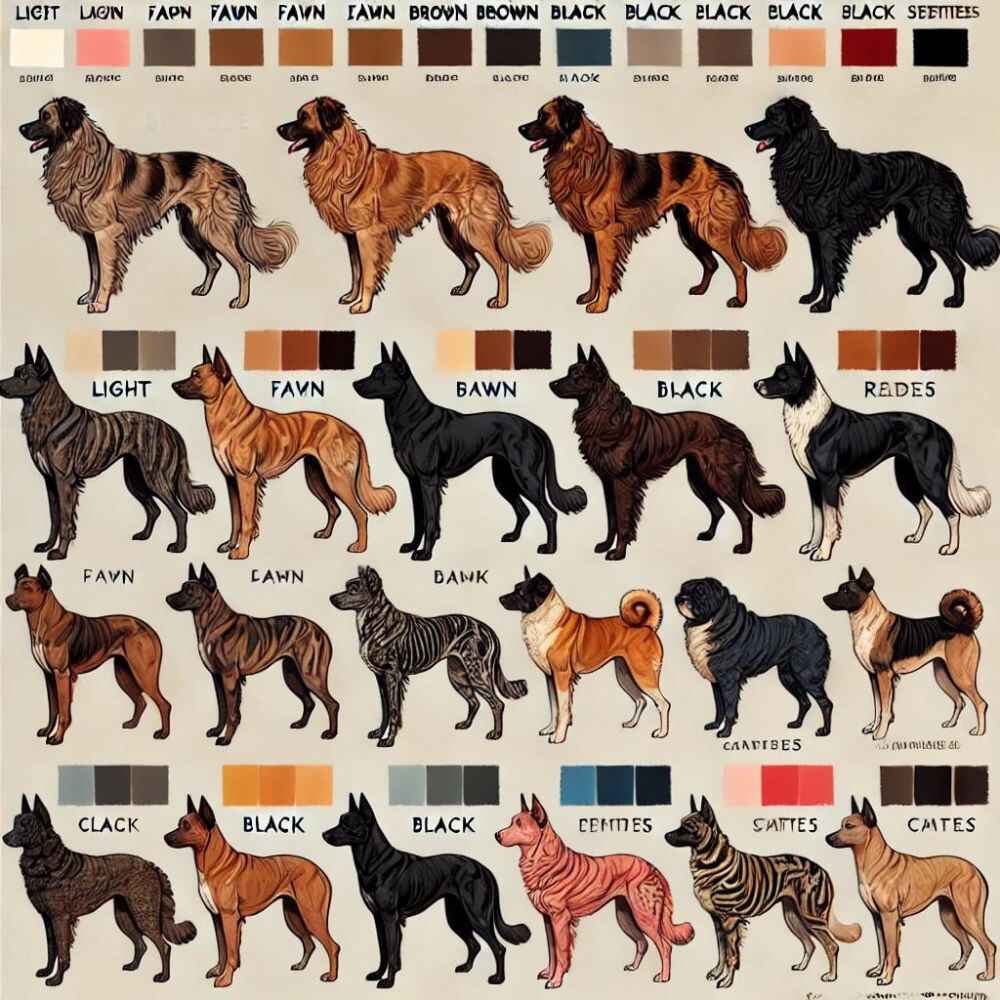 An informative chart displaying the different coat colors typically found in brindle dogs. The chart should show a variety of shades, such as light