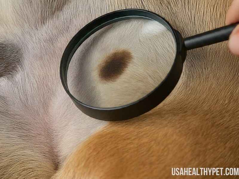 Photo explaining dirt-like brown spots on dog belly