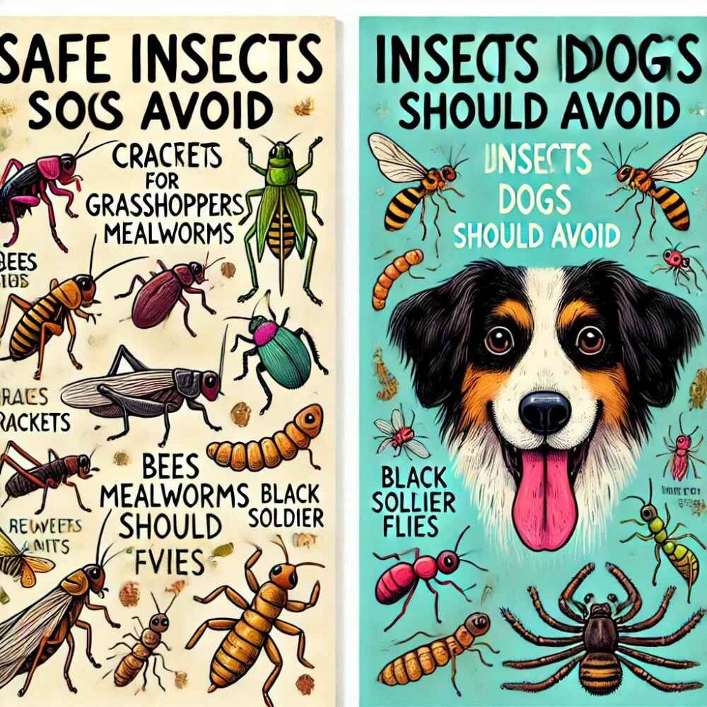 illustration divided into two sections_ 'Safe Insects for Dogs' and 'Insects Dogs Should Avoid.' On the left side, under 'Safe