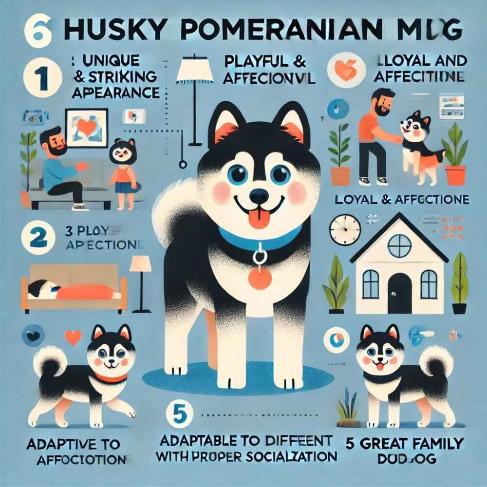  illustration showcasing the benefits of owning a Husky Pomeranian Mix dog.