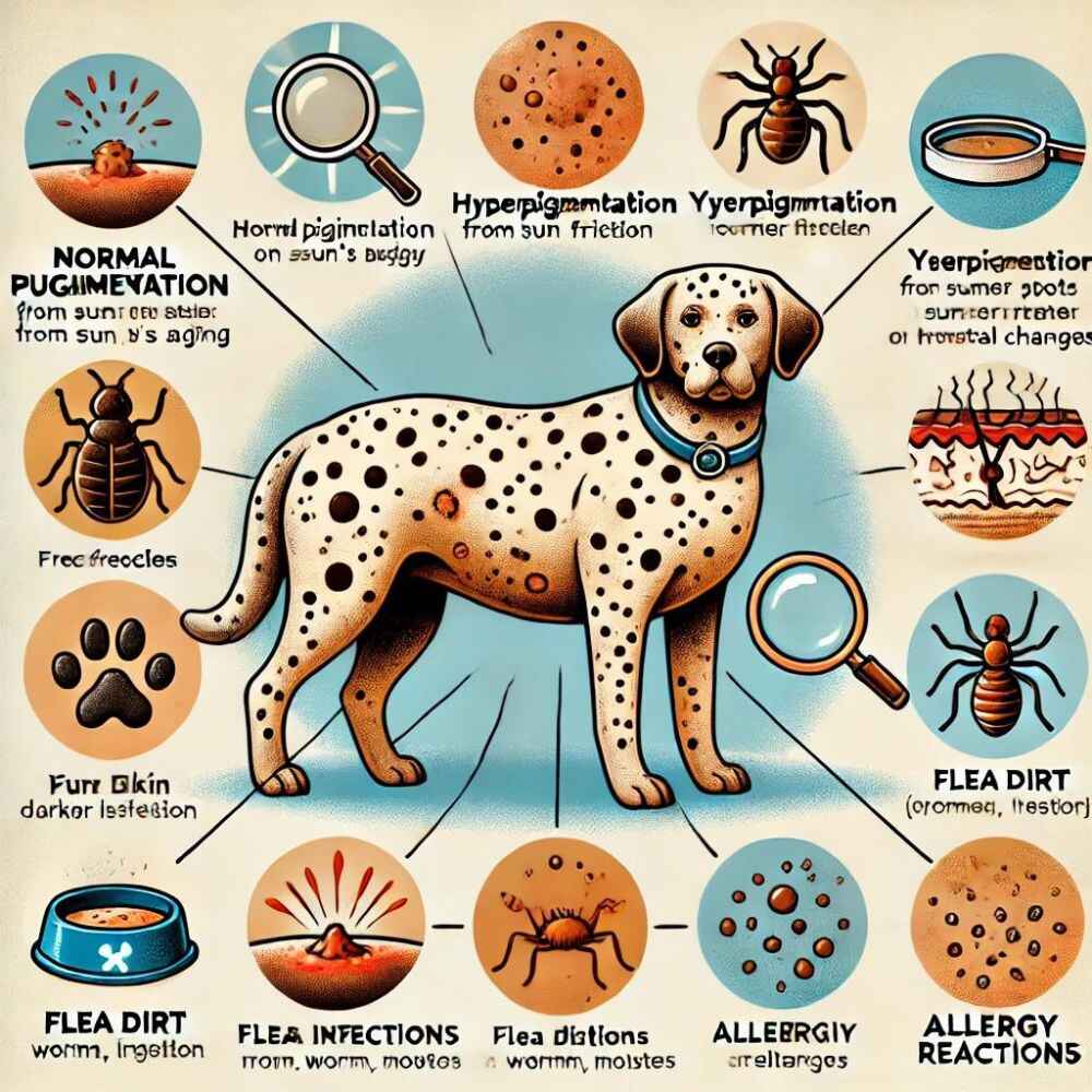 illustration showing the causes of dirt-like brown spots on a dog's belly. It highlights the various reasons these spots can appears