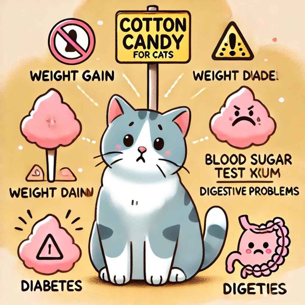 illustration showing the dangers of cotton candy for cats, highlighting weight gain, diabetes, and digestive problems