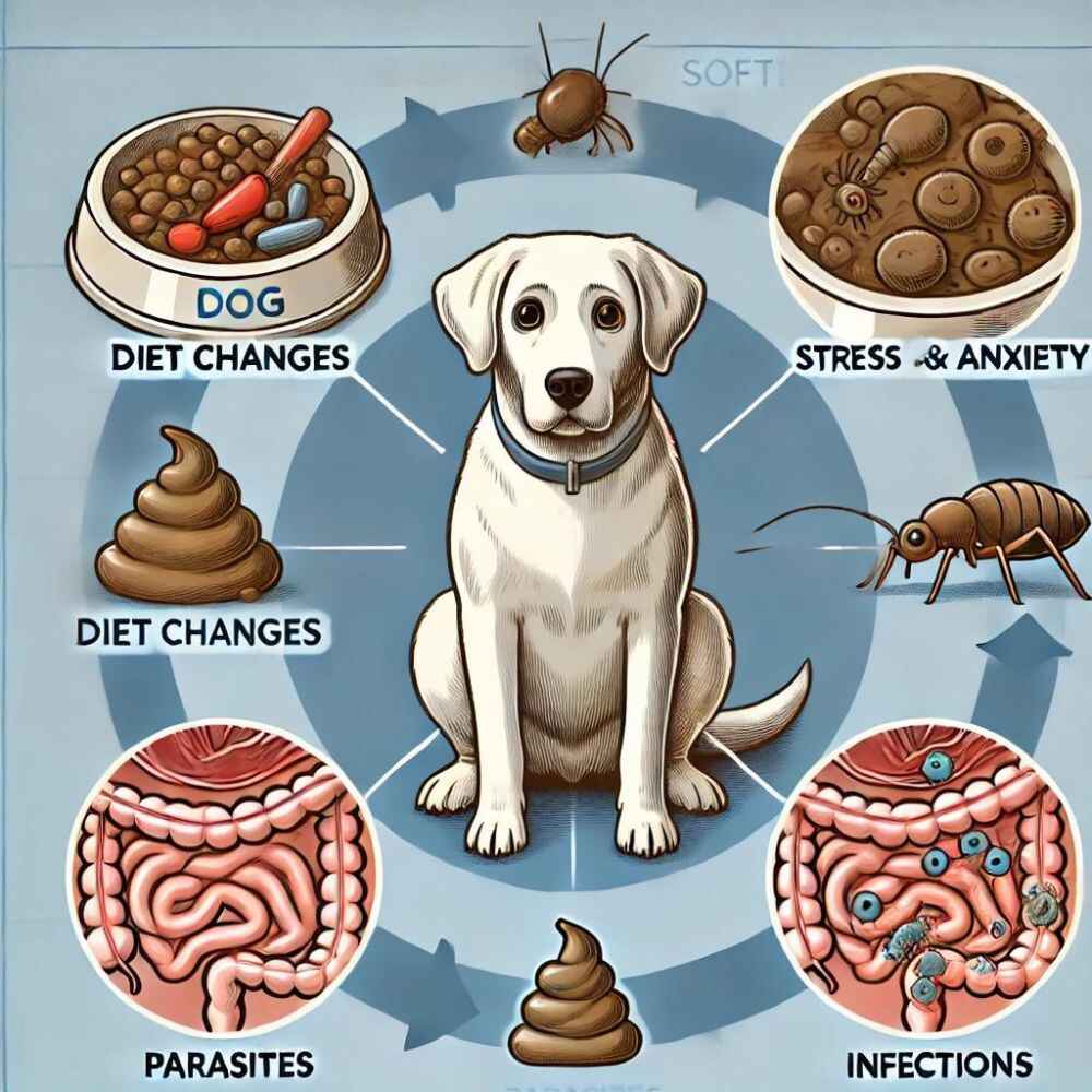 illustration showing the reasons why a dog's poop might be soft, including diet changes, stress and anxiety, parasites, and infections.