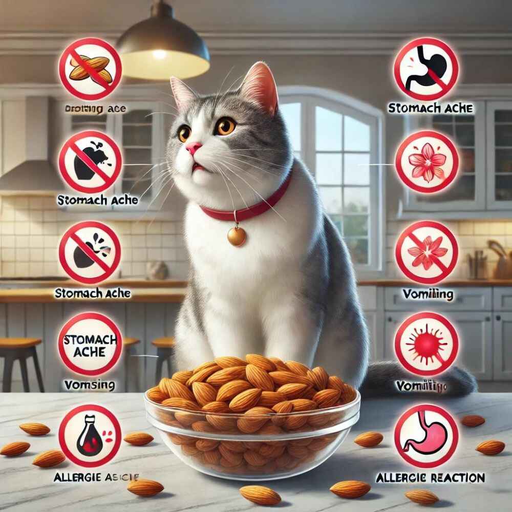 illustration showing the risks of a cat eating almonds. The image highlights dangers like stomach issues, vomiting, and allergic reactions.