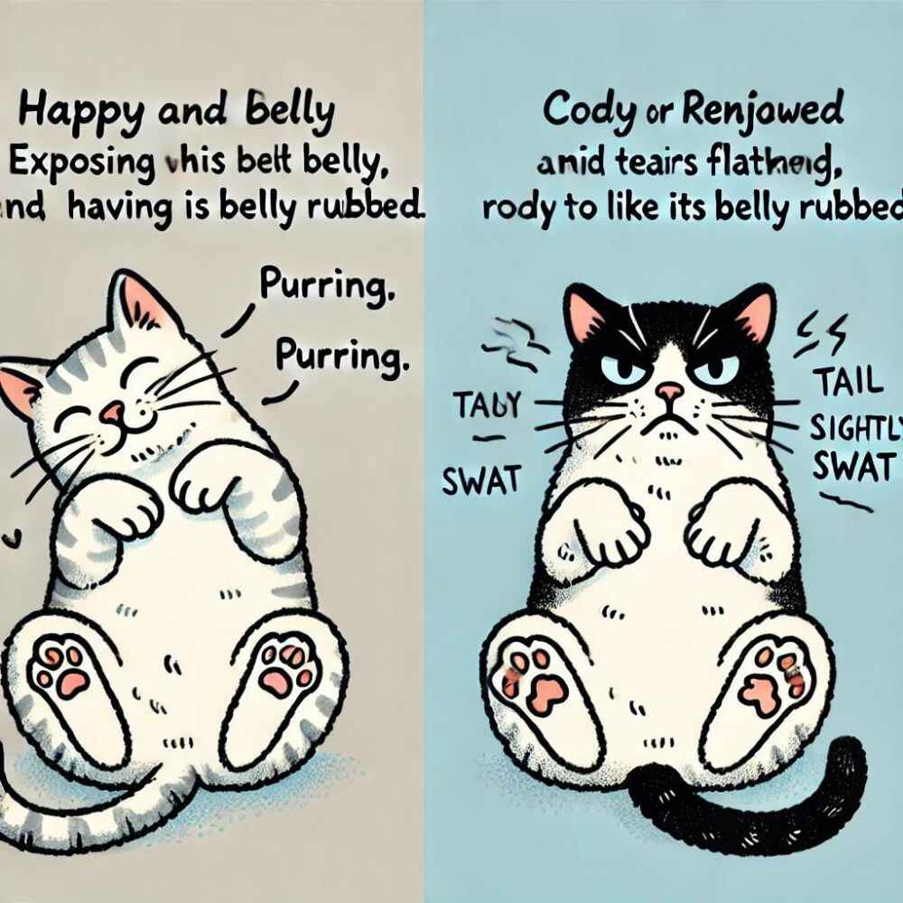 illustration showing the signs when a cat likes its belly rubbed and when it does not. You can see the contrasting behaviors and body language of the cats in each scenario. (1)