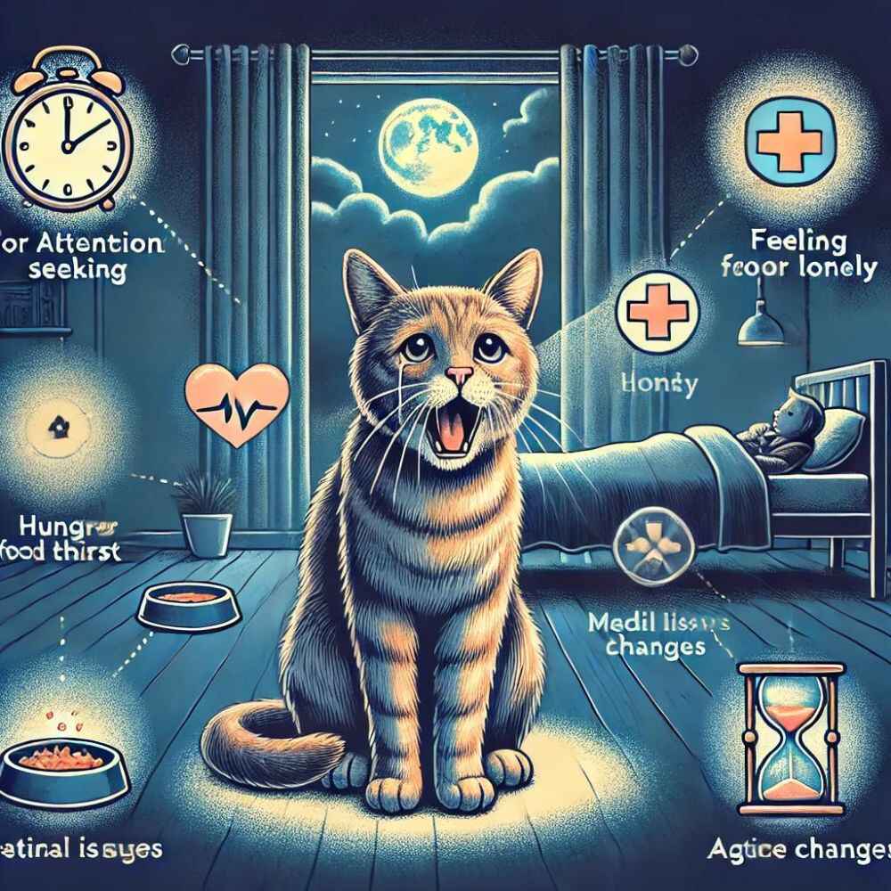  illustration showing the various reasons why a male cat might cry at night, including seeking attention, feeling lonely, hunger or thirst, medical issues, mating behavior, and age-related changes.  