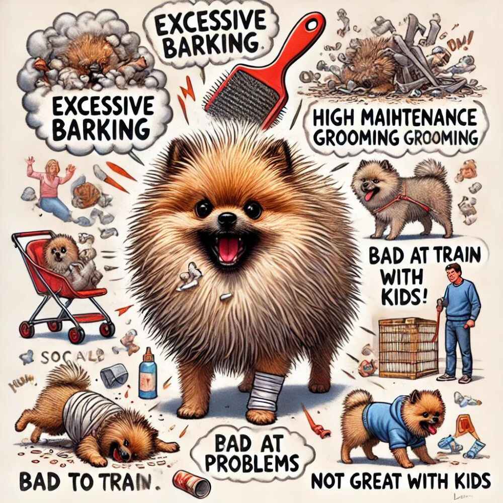 illustration showing why Pomeranians are considered the worst dogs, with playful visuals of their excessive barking, high maintenance grooming,