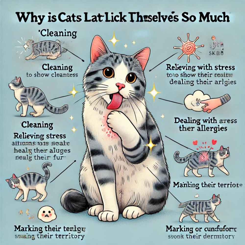 _illustration showing why cats lick themselves, with reasons like cleaning, relieving stress, dealing with allergies, marking their territory, and addressing pain or discomfort. 