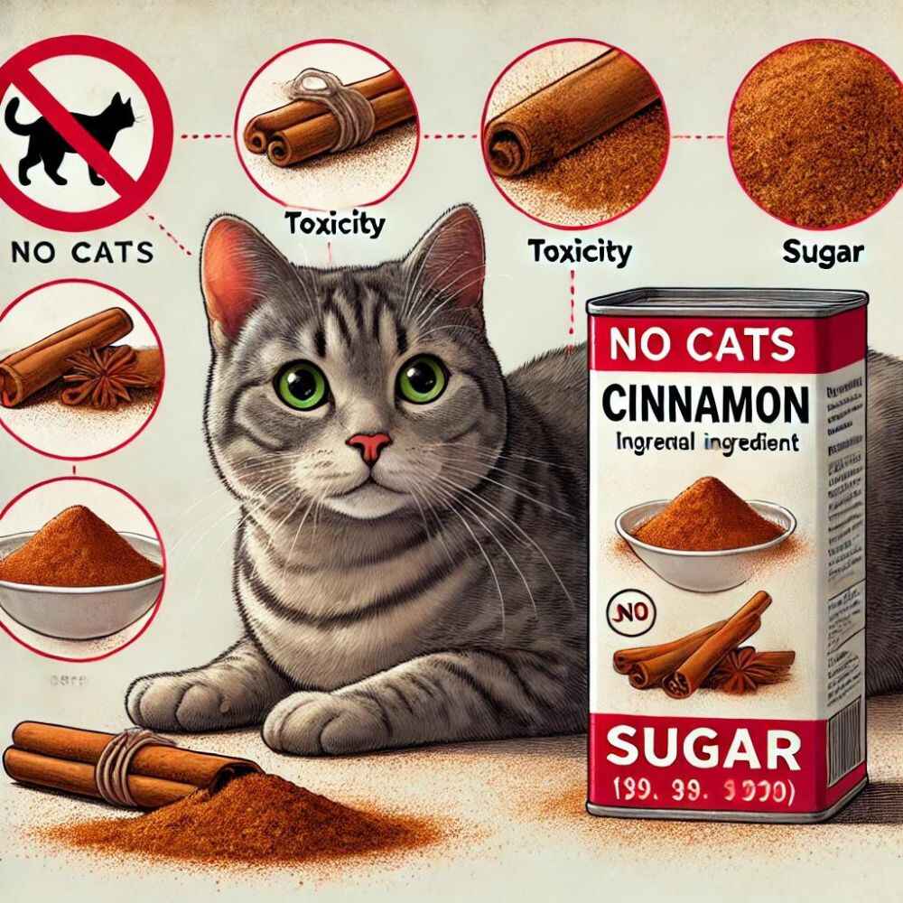 illustration showing why cinnamon, with ingredients like sugar, is dangerous for cats.