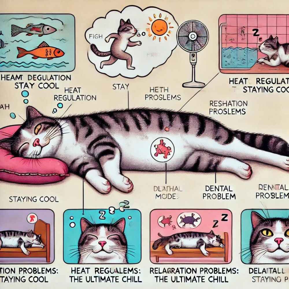  illustration showing why your cat might sleep with its mouth open, featuring various reasons like dreaming, heat regulation, relaxation, and potential health issues. 