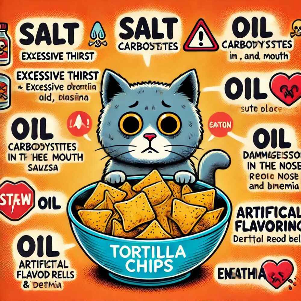 _the illustration showing the harmful effects of tortilla chips on cats, including the potential risks and symptoms associated with each ingredient.