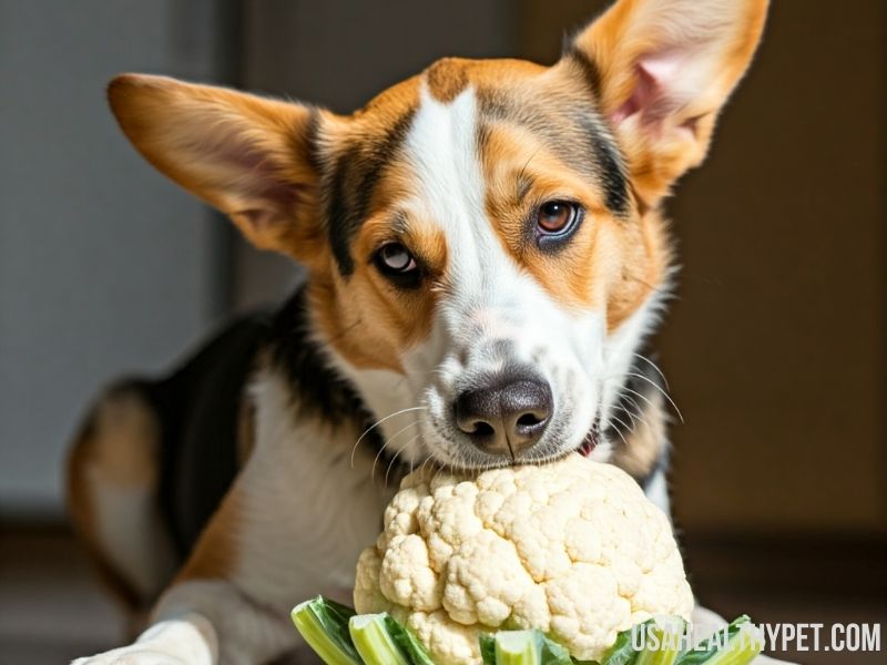 Photo showing that Dog is Eating Raw Cauliflower